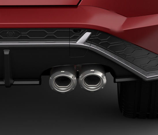 A close-up of the twin mufflers of a red The all-new KONA
